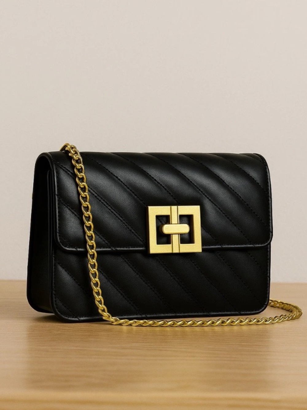 Black Quilted Chain Crossbody Bag with Gold Hardware